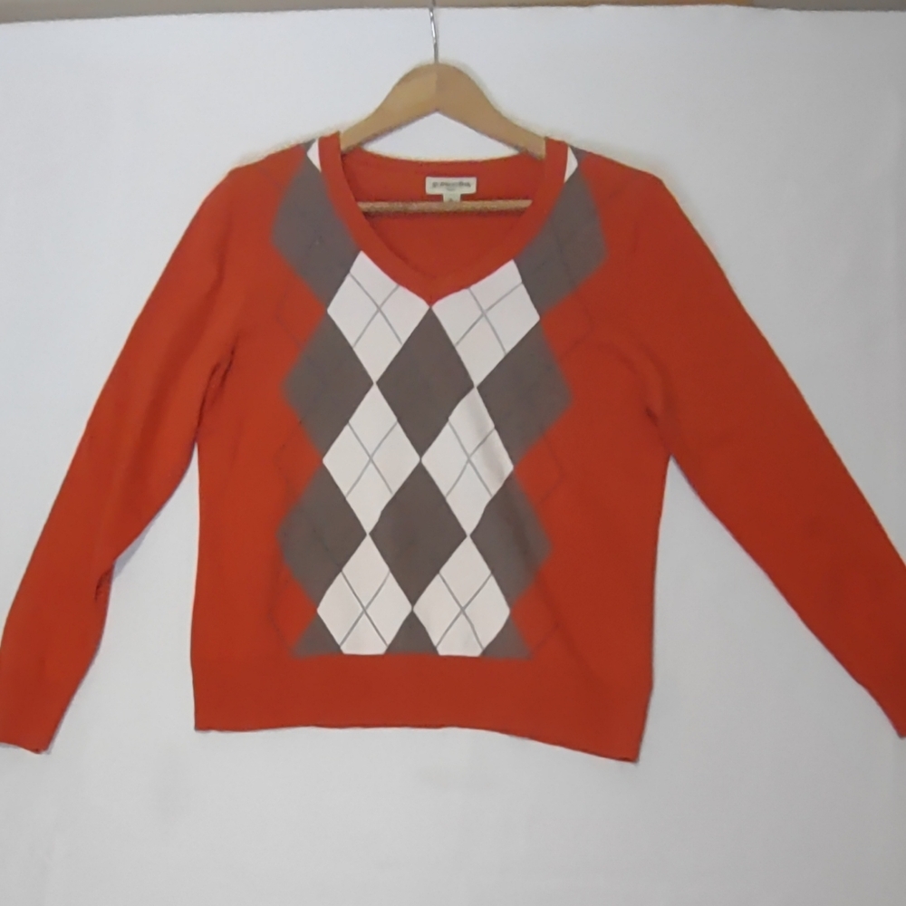 St. John's Bay Petite Orange Argyle DesignV-Neck Sweater Size PL